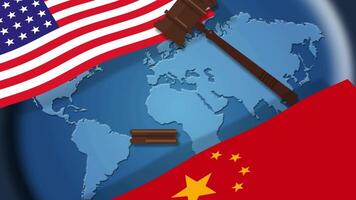 Law legal case trade tension or trade war between US and China financial concept Flags of USA and China with gavel or hammer video
