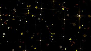 Abstract animation particles celebration party with falling paper confetti elements decoration golden sparkles, shimmering light on black background. video