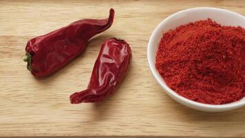Paprika powder is a fragrant spice made from sweet varieties of capsicum. red paprika spice powder in a white cup on a wooden background video