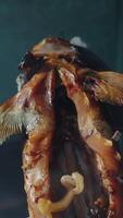Close up of freshly smoked sturgeon fish with open cavity video