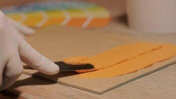 A worker applies a paint sample to a palette for color verification 4 video