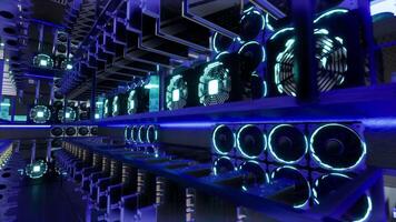 3D animation of mining equipment on stand racks mine cryptocurrency in steel container. Blockchain technology application specific integrated circuit datacenter. Server room lights. 2 video