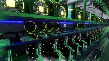 3D animation of mining equipment on stand racks mine cryptocurrency in steel container. Blockchain technology application specific integrated circuit datacenter. Server room lights. 20 video