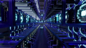 3D animation of mining equipment on stand racks mine cryptocurrency in steel container. Blockchain technology application specific integrated circuit datacenter. Server room lights. video