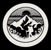 A black and white logo of a man hiking in the mountains vector