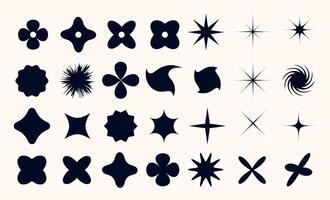 Abstract bold Geometric and Star Shapes Collection figures in Y2k retro futuristic aesthetic style. Various graphic silhouettes elements set. Flat Icon Pack of Abstract Elements. illustration vector
