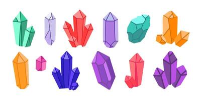 Colorful Crystal and Gemstone of Different Shapes Set in Flat Style. Crystals minerals and gemstones in various colors design elements, fantasy, game assets, educational, posters, digital decor vector