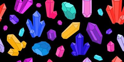 Bright Gemstones and Crystals Pattern in Flat Style.Seamless pattern of colorful crystals and gemstones on black background, for fantasy themes, textiles, print,wallpapers, wrapping paper,web vector