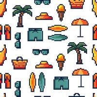 Seamless Summer Pattern with Pixel Art Beach Icons. Pixel art pattern with summer vacation elements palm trees, swimsuits, ice cream, beach umbrellas, digital design, textiles, packaging. vector