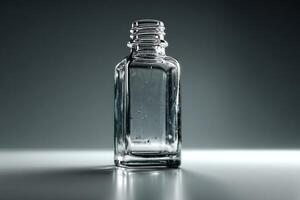 Crisp clarity of a glass bottle highlighted by soft lighting in a minimalistic setting photo