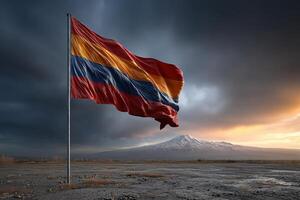 Vibrant flag of Armenia waving near a majestic mountain at sunset photo