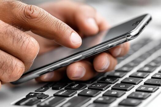Close-up of hands using smartphone while typing on keyboard in a modern workspace with soft lighting photo