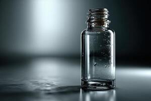 Transparent glass bottle with water droplets on a reflective surface in a dimly lit environment photo
