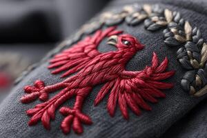 Detailed close-up of a red embroidered eagle design on fabric showing craftsmanship photo