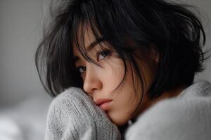 Woman with short hair gazes thoughtfully out of the frame while wrapped in a cozy sweater in a softly lit room photo
