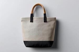 Tote bag made of natural fabric with wooden handles displayed against a light background in an indoor setting photo