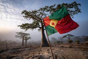 Flag of Cameroon waving beside a baobab tree in a misty landscape at dawn photo