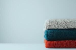 Cozy stacked sweaters in neutral and vibrant colors on a simple background photo