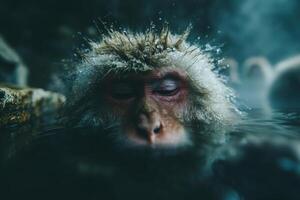 Monkey relaxing in hot spring during winter morning in Japanese mountains photo