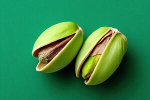 Pistachios in a natural shell on vibrant green background creating a fresh aesthetic photo