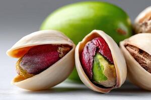 Pistachios and a green fruit on a gray surface during natural light photo