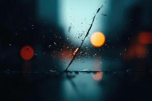 Raindrop splashes on glass surface during rainy evening in urban setting photo