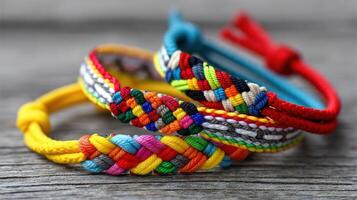 Colorful woven bracelets displayed on a wooden surface in soft natural light photo