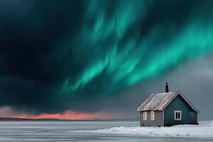 Colorful auroras illuminate a solitary cabin in a snowy landscape at dusk photo