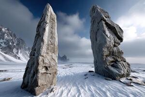 Majestic stone monuments in a snowy landscape under a cloudy sky photo