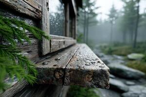 Rain-soaked wooden window sill surrounded by lush forest on a misty day photo