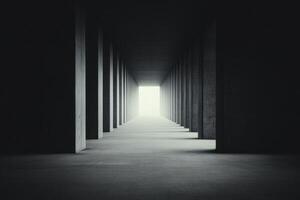 Mysterious passageway illuminated by soft light at the end of dark corridor photo