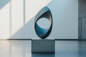 Modern abstract sculpture displayed in minimalist gallery during bright daylight hours photo