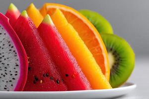 Colorful assortment of fresh fruits on a white plate displayed in a bright setting photo