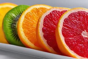 Colorful slices of citrus fruits arranged on a platter showcase vibrant colors and textures for a refreshing treat photo