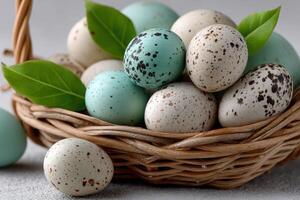 Decorative eggs in a woven basket surrounded by green leaves perfect for spring celebrations photo