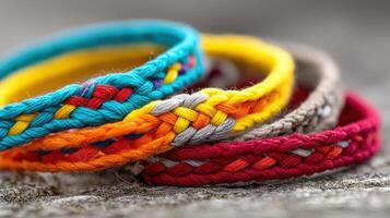 Colorful woven bracelets displayed on a textured surface in natural light photo