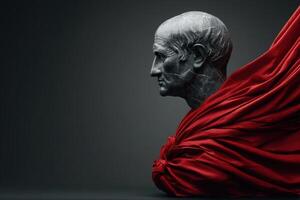 Classical bust draped in red fabric showcasing intricate details and historical significance photo