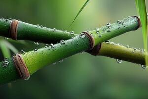 Close-up view of dew drops on bamboo stalks in a lush garden setting during early morning light photo