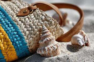Beach bag and seashells resting on sandy shore during a sunny day photo