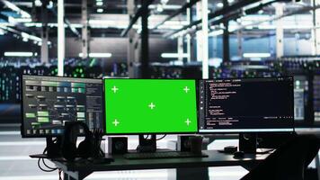 Data center green screen chroma key computer systems controlling network resources through AI visualization and node tree programming software that map infrastructure connections video