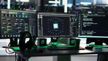Vertical PCs in data center managing network resources using node tree software visualizing connections. Visual programming tools enabling efficient data processing and storage, handheld camera shot video
