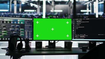 Mockup PCs in data center control hardware energy usage using node tree tech interfaces. Isolated screen workstations automate and supervise operations in server farm using visual programming video