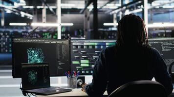 Irked data center IT expert smashing desk, upset by malfunctioning gear while using node tree software. Mad server hub engineer disgruntled by errors, using glitching AI visualization tech, camera B video