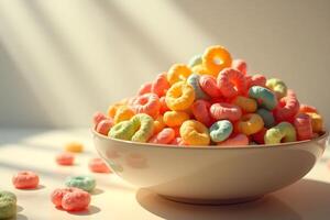 A bowl of cereal with colorful cereal photo