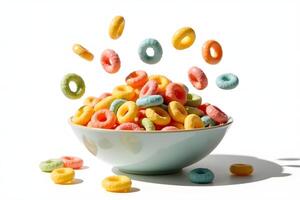 A bowl of colorful cereal rings on a white background photo