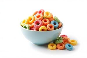 A bowl of colorful cereal with a white background photo