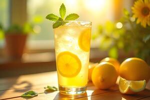 A glass of lemonade with a lemon slice on the table photo