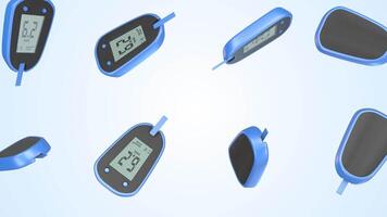 Glucose Meters Falling on a Light Blue Background. Glucometer 3D Animation. 4K video