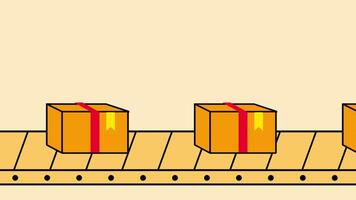 Conveyor belt carrying boxes in a factory setting, representing industrial automation, logistics, or manufacturing processes in motion video