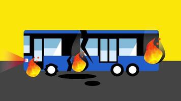 une Publique transport autobus est en feu sur une Jaune arrière-plan, capturer thèmes de catastrophe, troubles, ou Urbain les urgences impliquant transport video